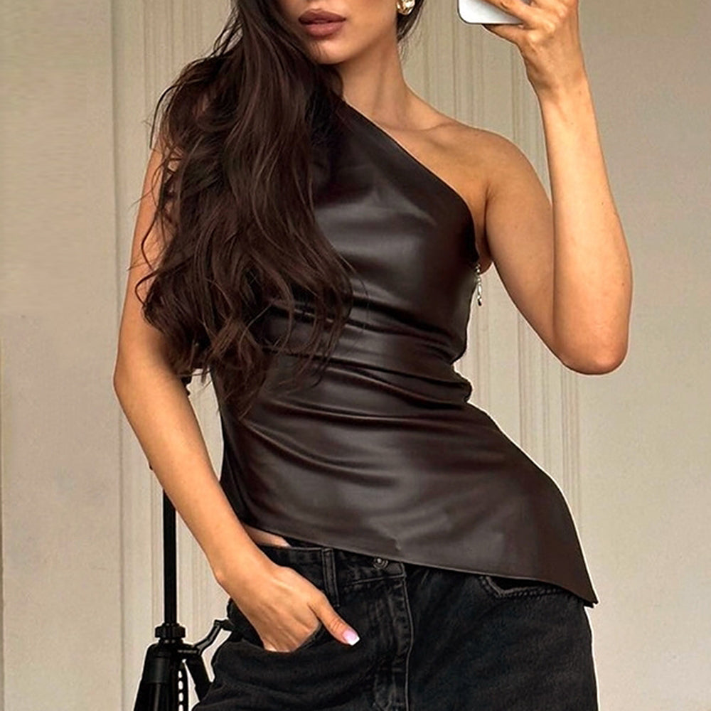 asymmetric one shoulder leather top boogzel clothing