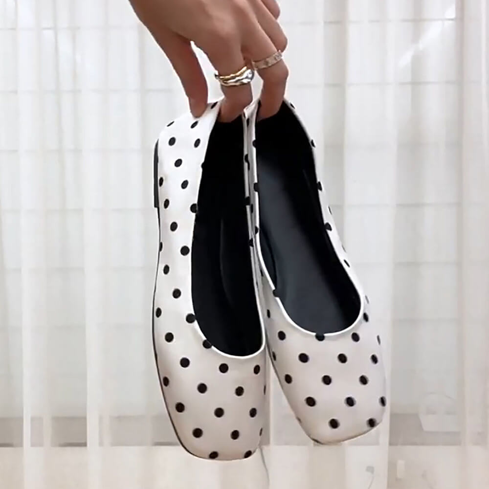 white polka dot square toe flats boogzel clothing