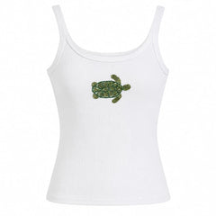 beaded-turtle-ribbed-tank-top-white-sleeveless-fitted-cami-green-sea-turtle-beaded-embellishment-rib-knit-summer-top-ocean-aesthetic-boogzel-clothing