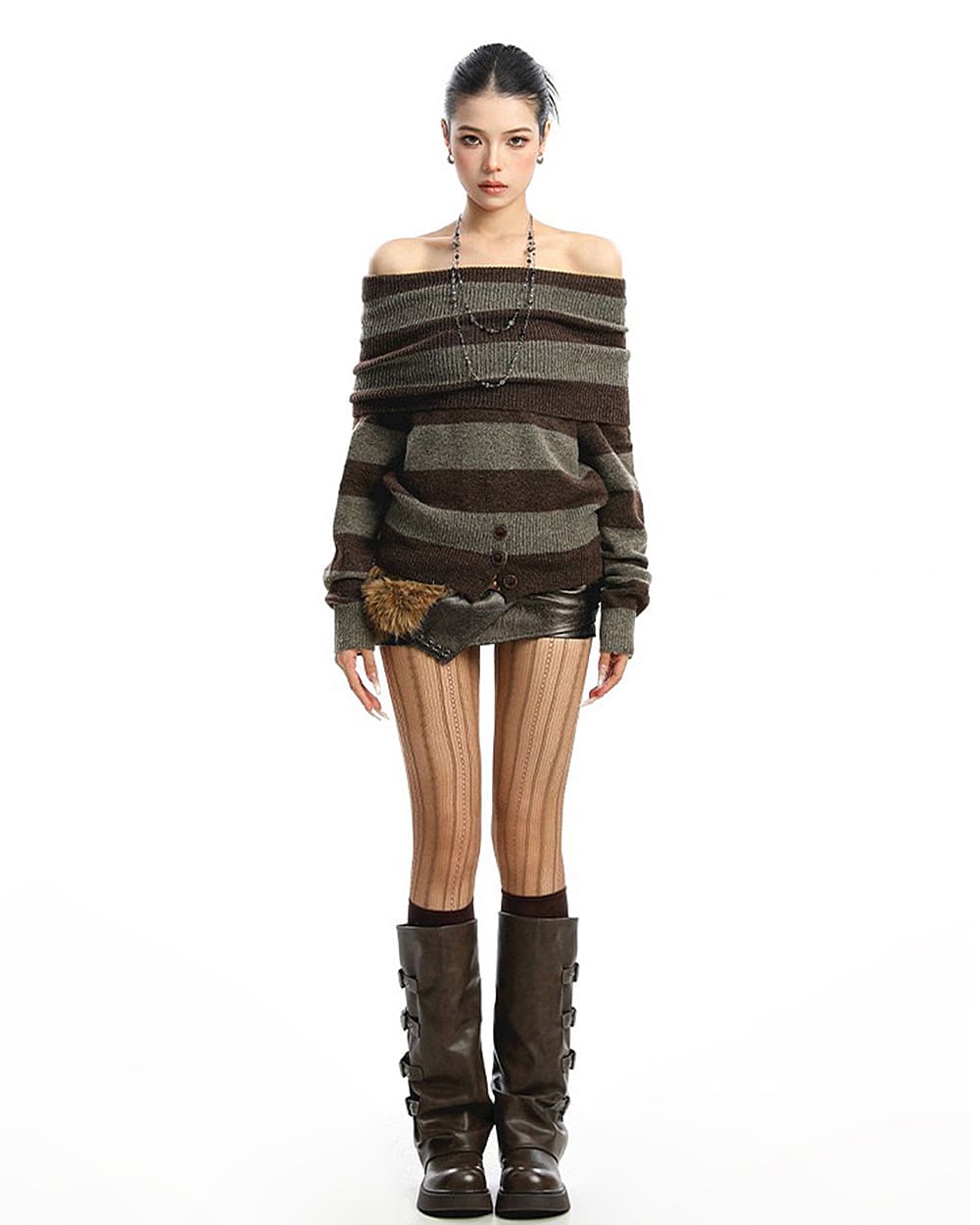 brown off shoulder striped knit top boogzel clothing