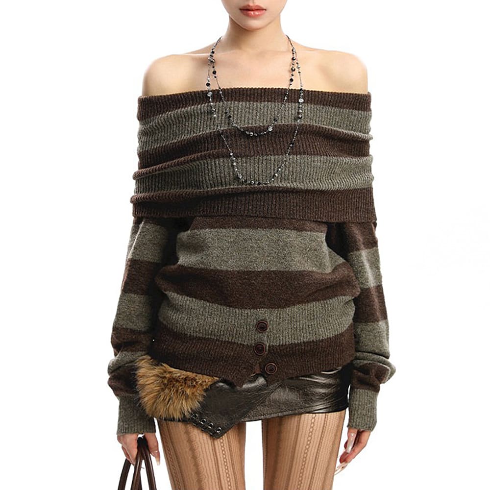 brown off shoulder striped knit top boogzel clothing