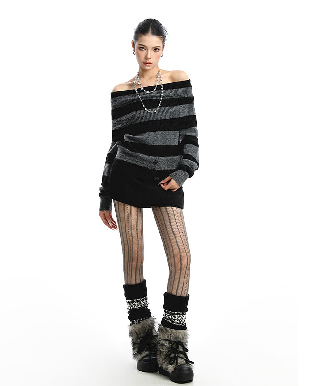 black and grey off shoulder knit top boogzel clothing