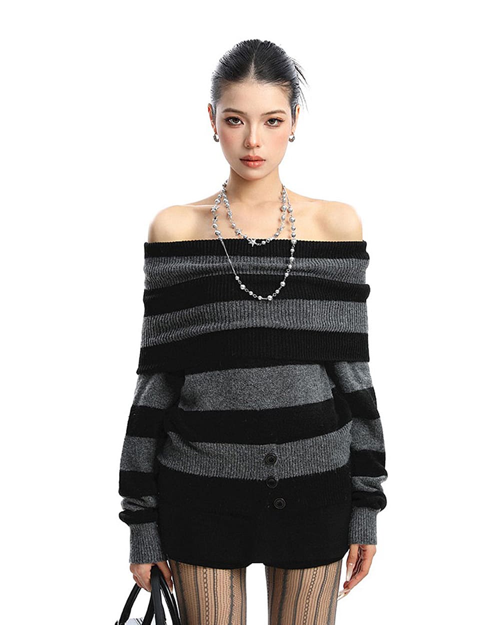 black and grey off shoulder knit top boogzel clothing