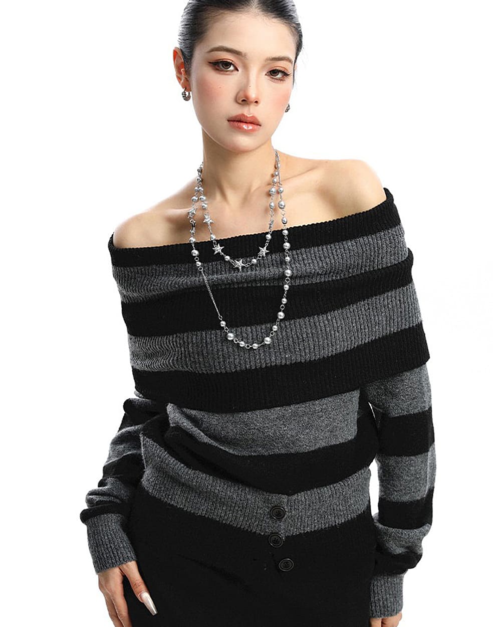 black and grey off shoulder knit top boogzel clothing