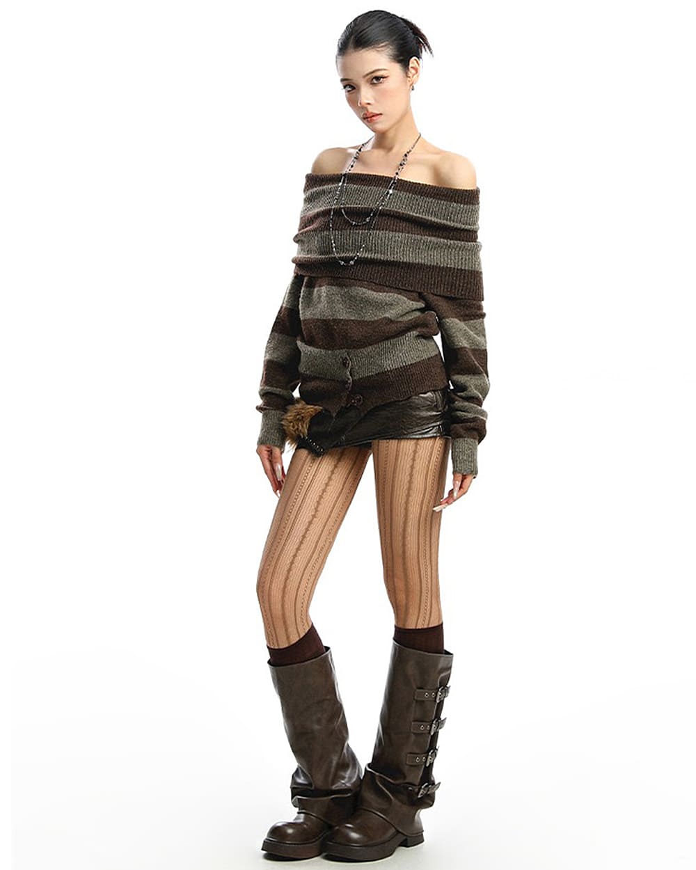 brown off shoulder striped knit top boogzel clothing
