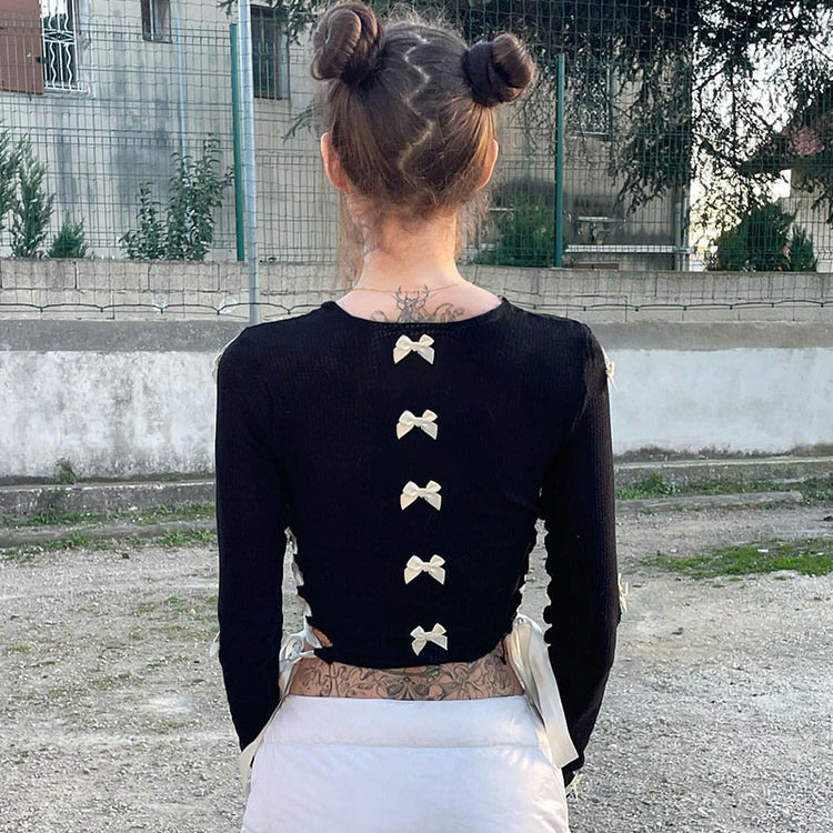 Black coquette aesthetic top with bows, coquette bow top - Boogzel Clothing
