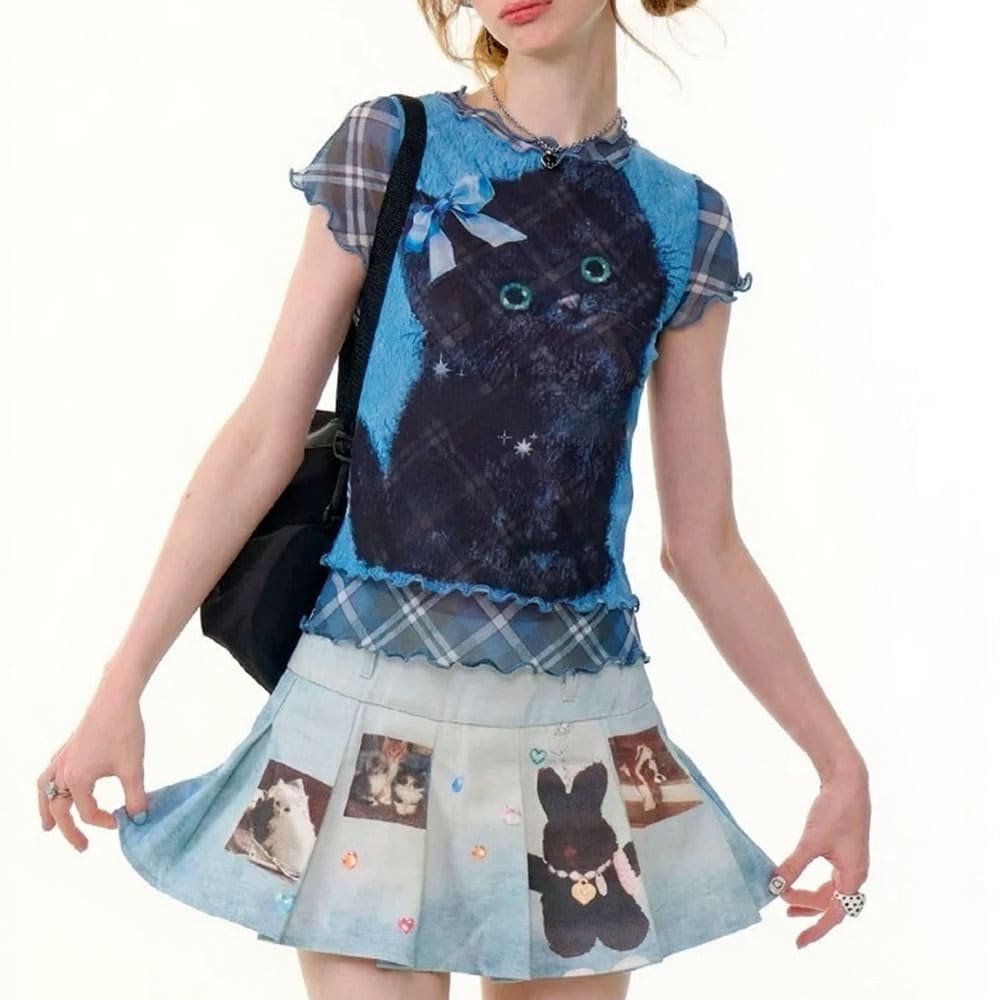 black kitten print y2k plaid top boogzel clothing