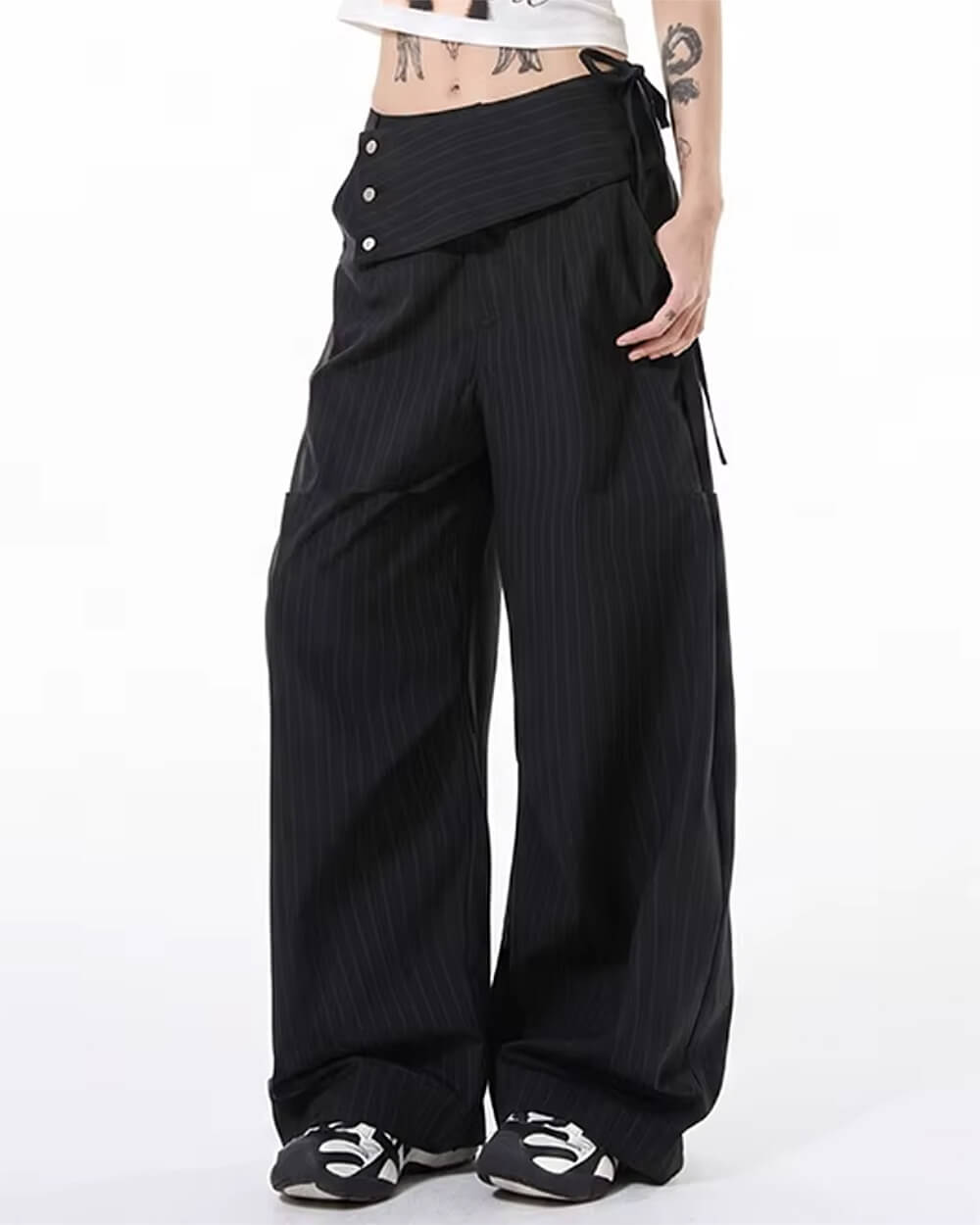 black asymmetric pinstripe pants boogzel clothing