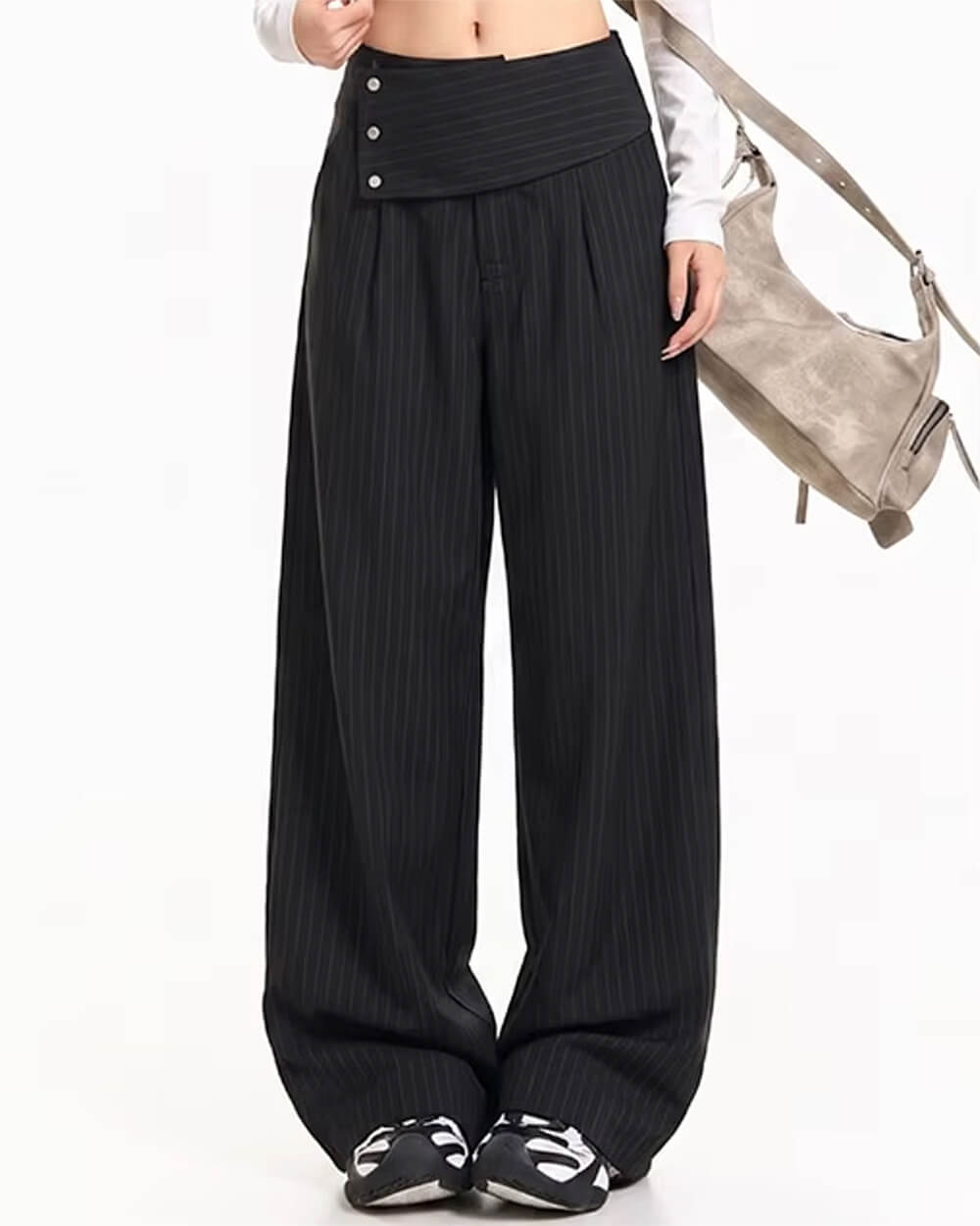 black asymmetric pinstripe pants boogzel clothing
