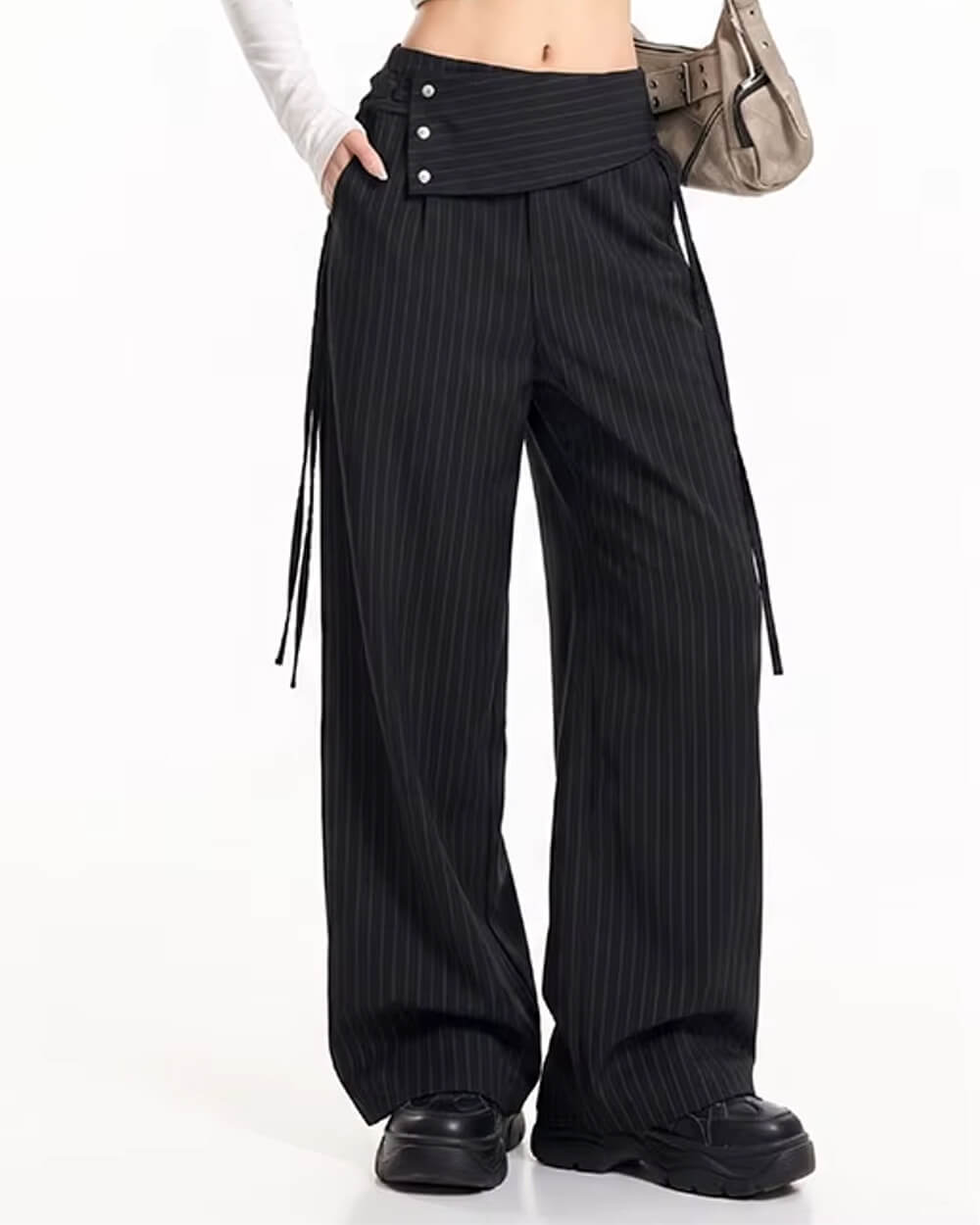 black asymmetric pinstripe pants boogzel clothing