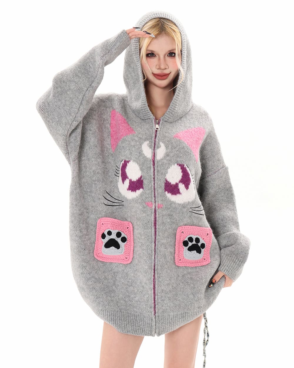 black cat knit zip up hoodie boogzel clothing