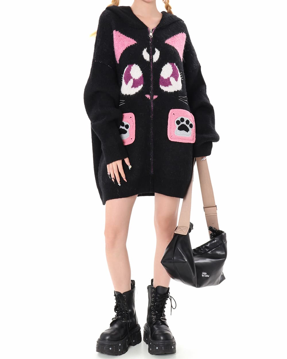 black cat knit zip up hoodie boogzel clothing