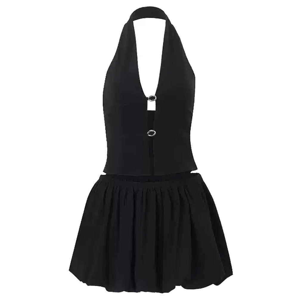 black halter top and bubble skirt set boogzel clothing