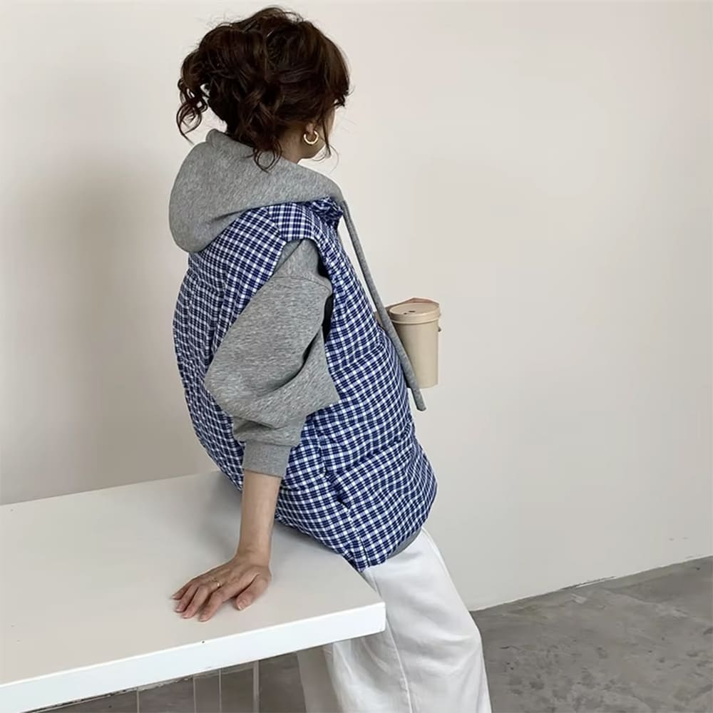 blue gingham puffer vest boogzel clothing