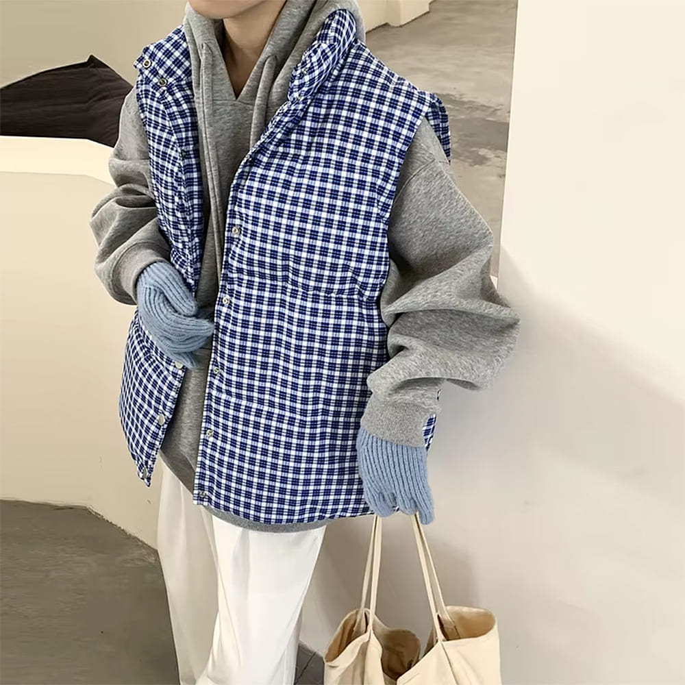 blue gingham puffer vest boogzel clothing