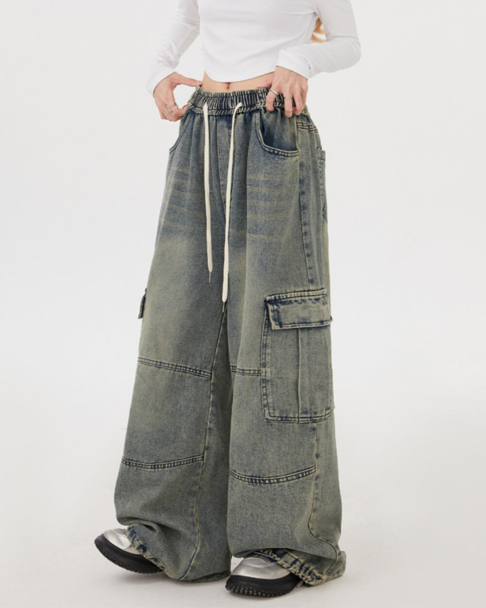 blue wide leg cargo pants boogzel clothing