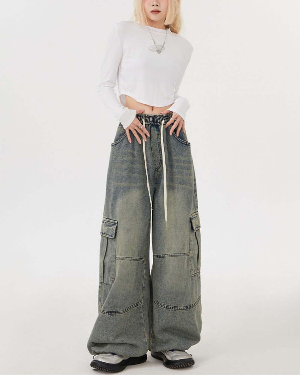 blue wide leg cargo pants boogzel clothing
