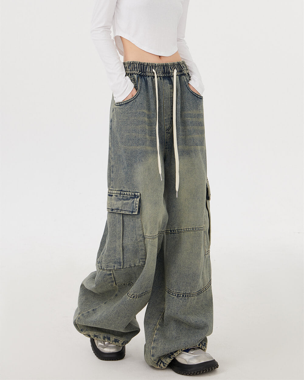 blue wide leg cargo pants boogzel clothing