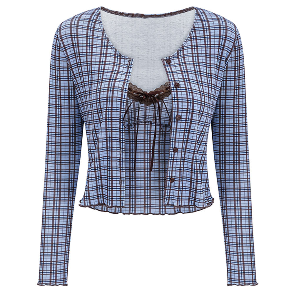 blue and brown plaid tank top and cardigan set boogzel clothing