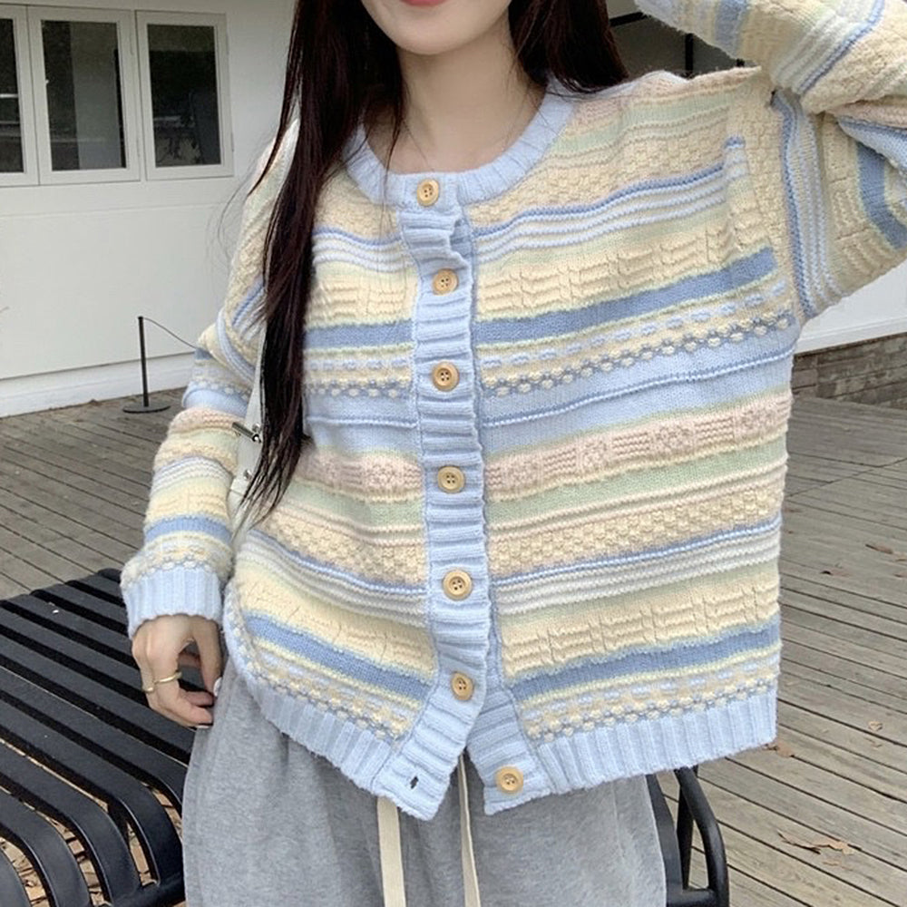 blue and yellow pastel striped cardigan boogzel clothing