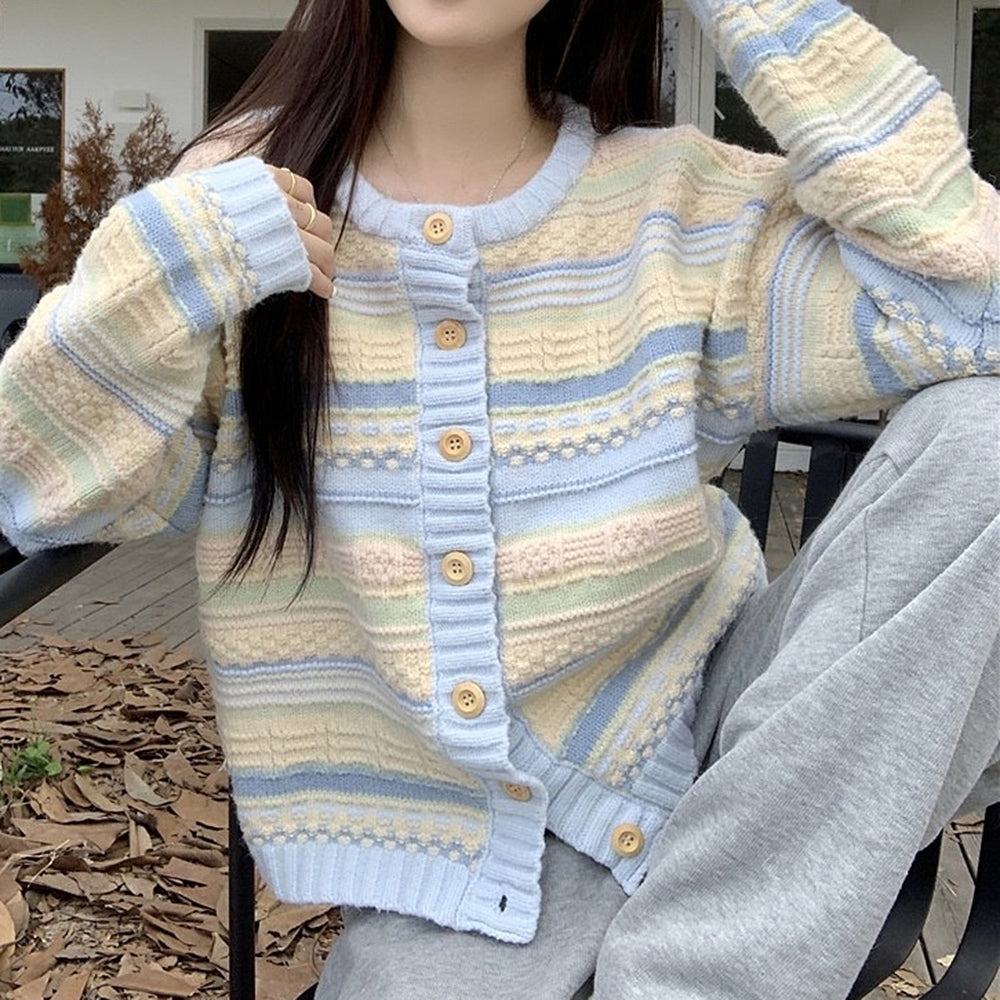 blue and yellow pastel striped cardigan boogzel clothing