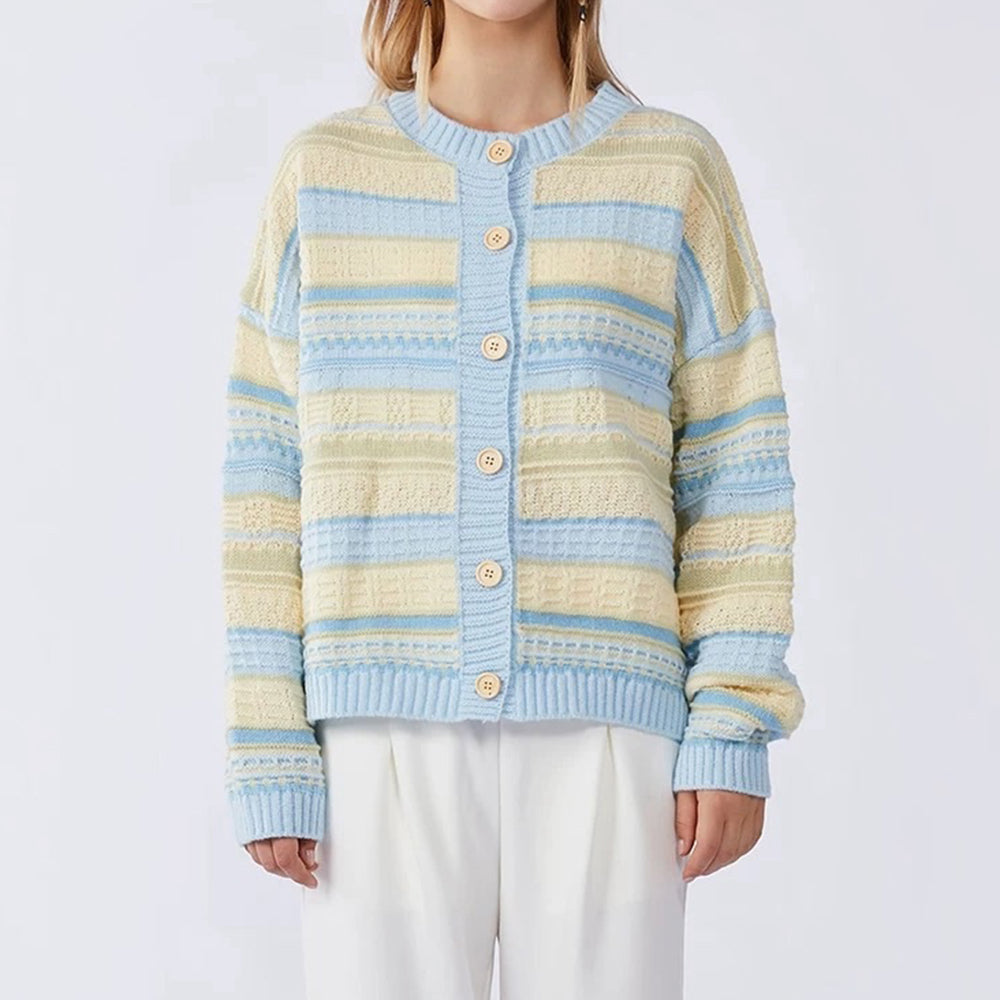 blue and yellow pastel striped cardigan boogzel clothing