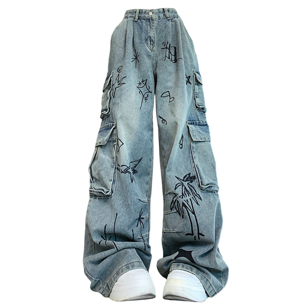 graffiti print blue cargo jeans boogzel clothing