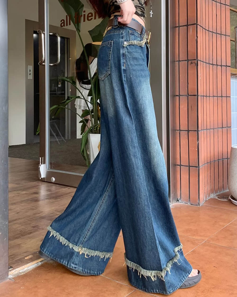 blue frayed hem wide leg jeans boogzel clothing