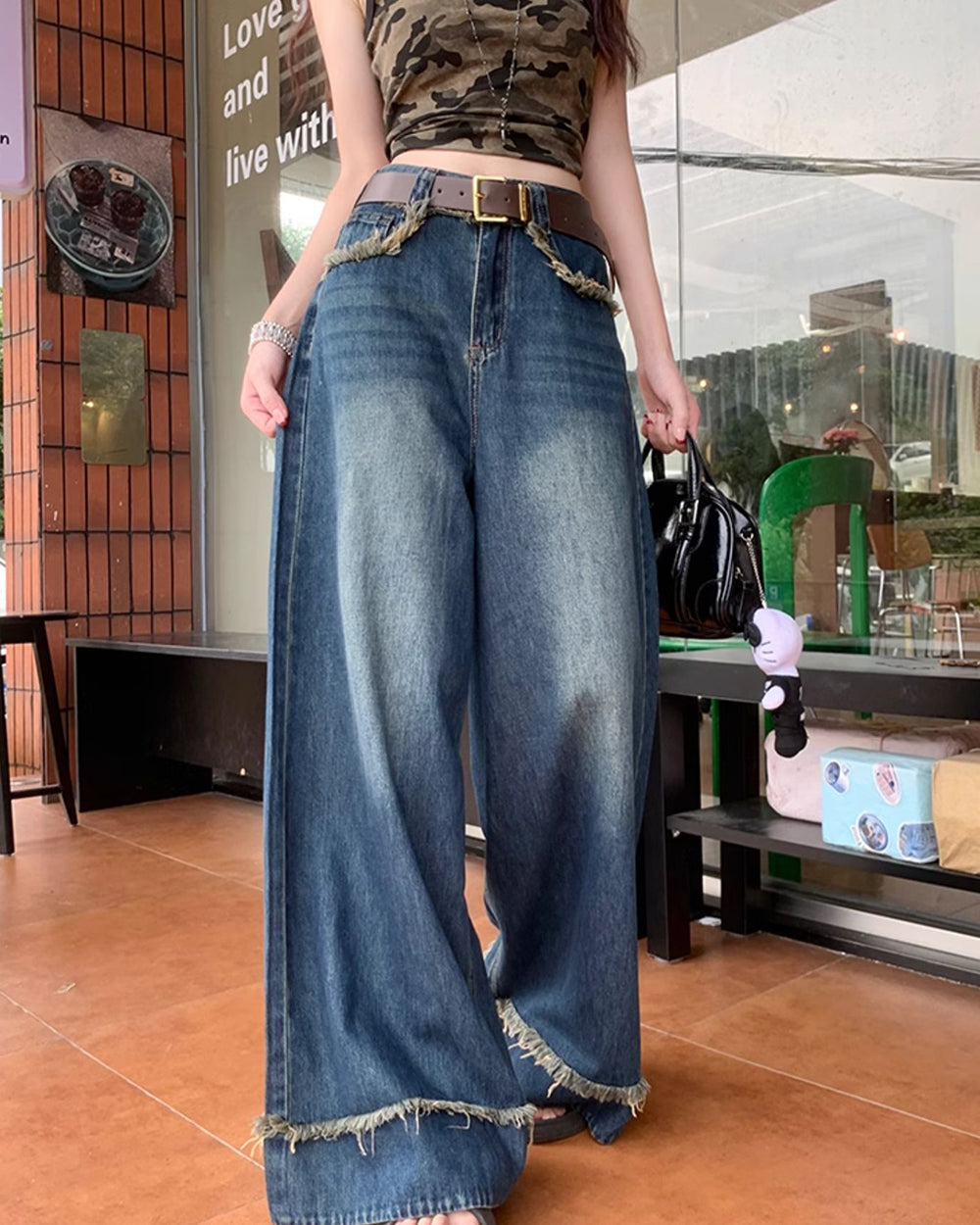 blue frayed hem wide leg jeans boogzel clothing