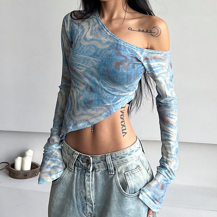 blue marble asymmetrical crop top boogzel clothing