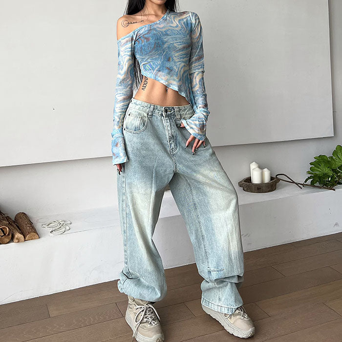 blue marble asymmetrical crop top boogzel clothing