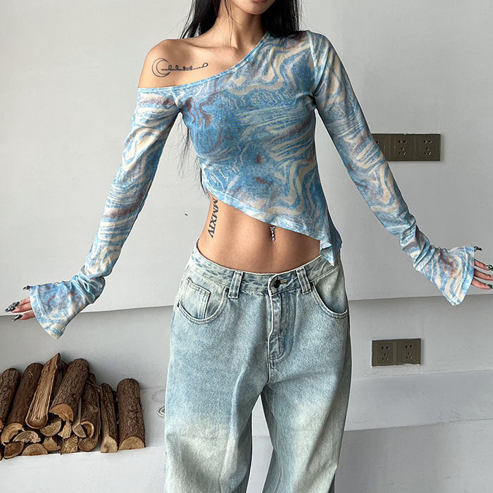 blue marble asymmetrical crop top boogzel clothing