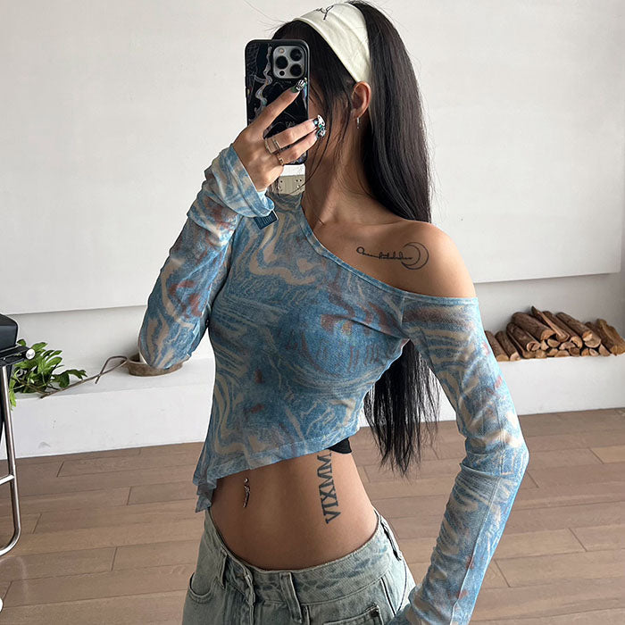 blue marble asymmetrical crop top boogzel clothing