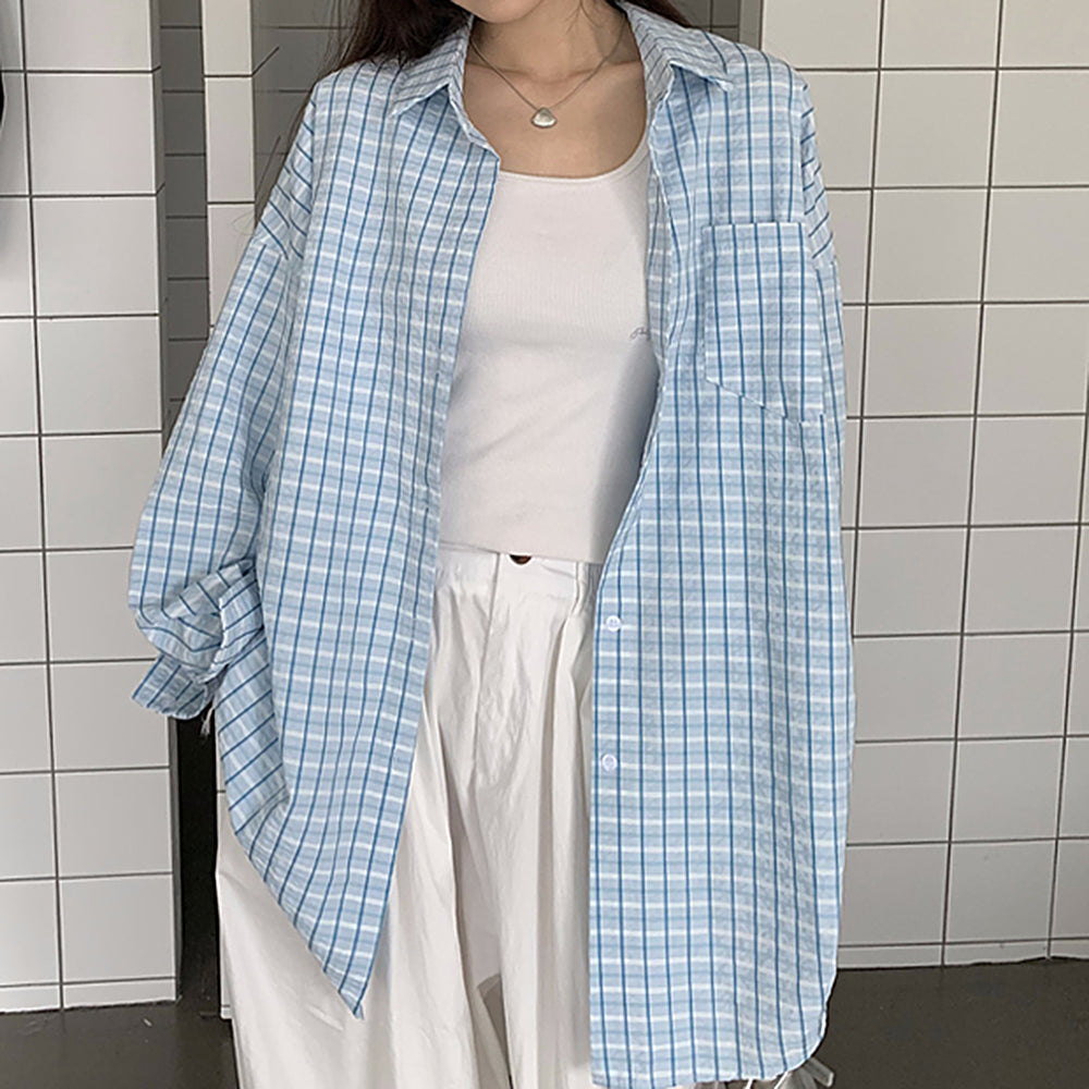 blue plaid oversized shirt boogzel clothing