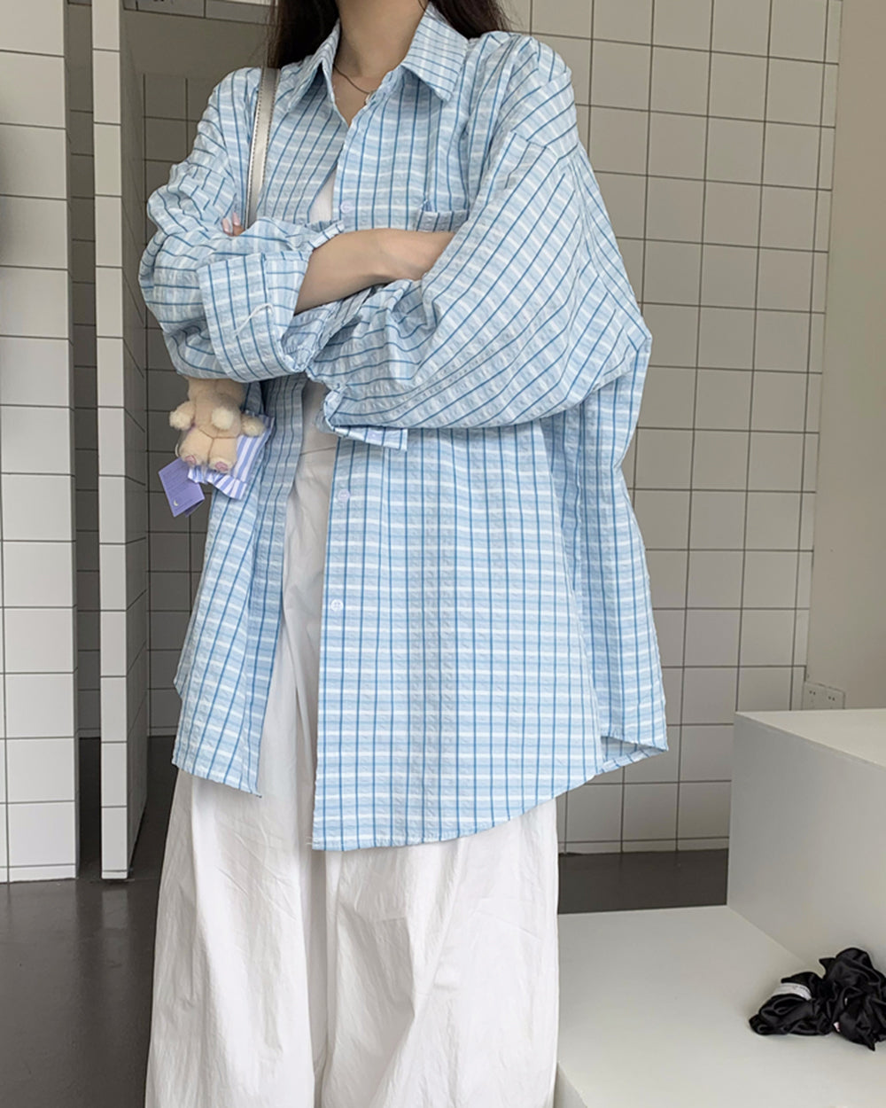 blue plaid oversized shirt boogzel clothing
