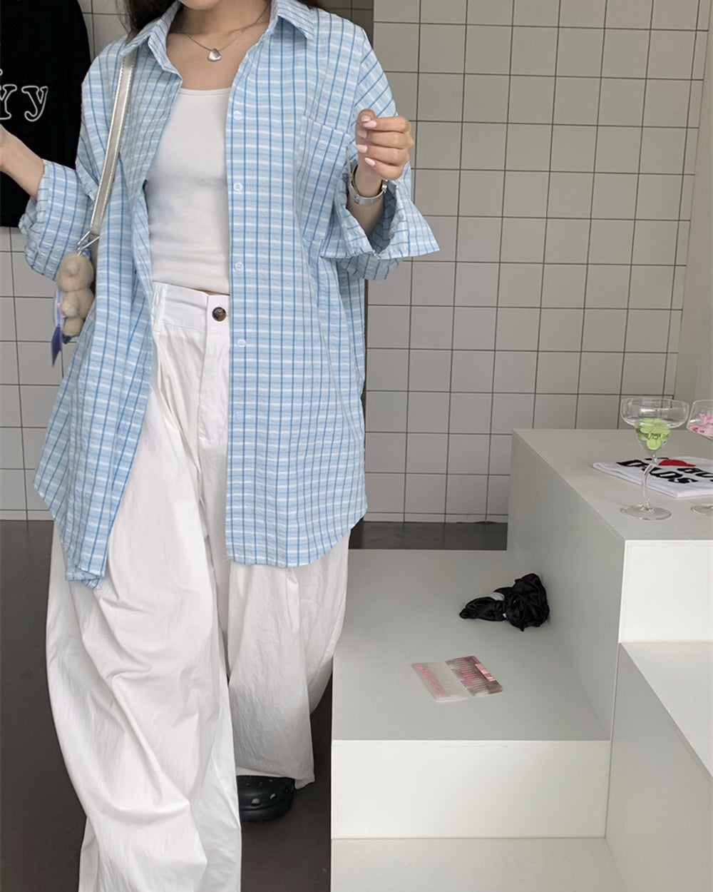 blue plaid oversized shirt boogzel clothing