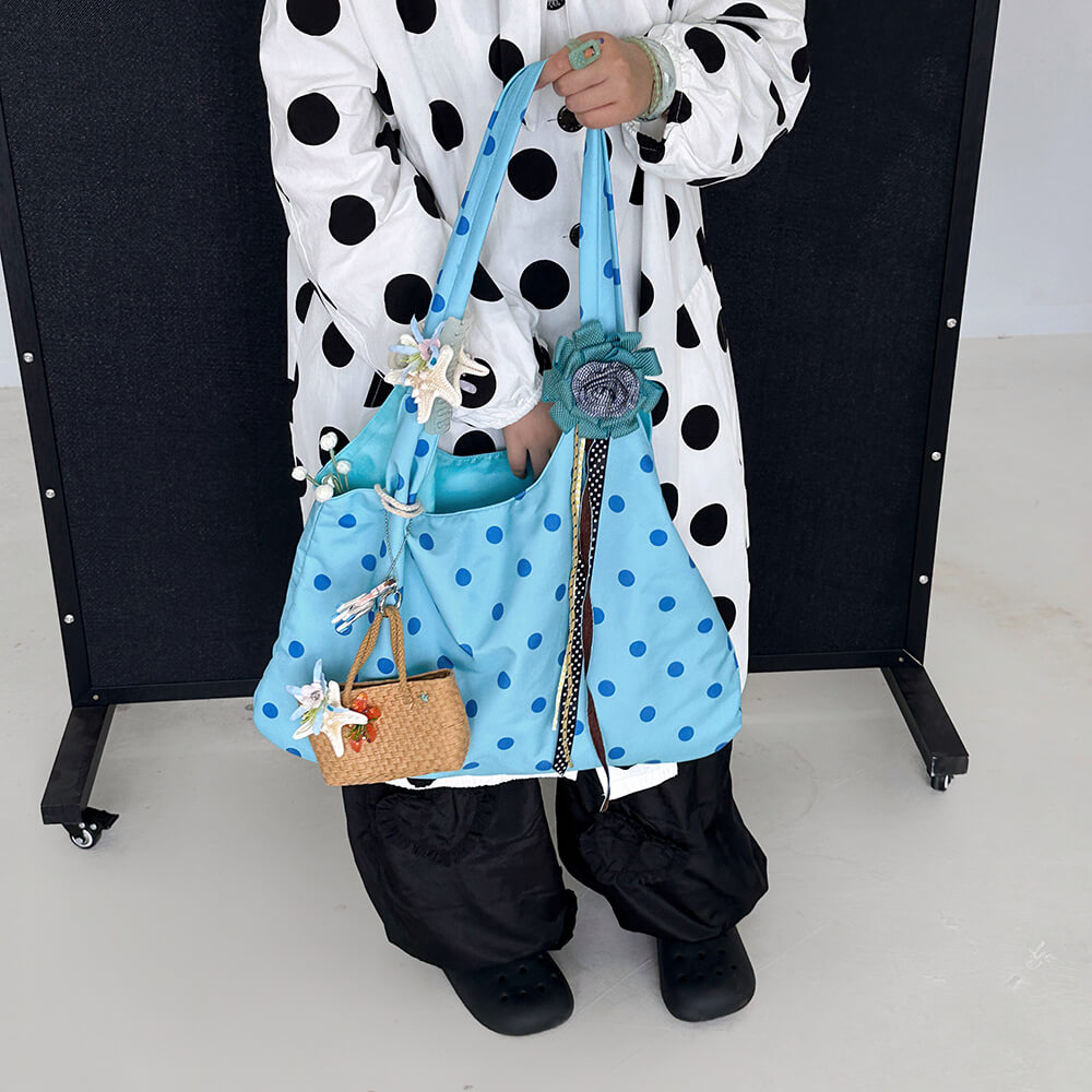 blue polka dot shoulder bag boogzel clothing