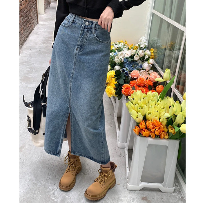blue split denim skirt boogzel clothing