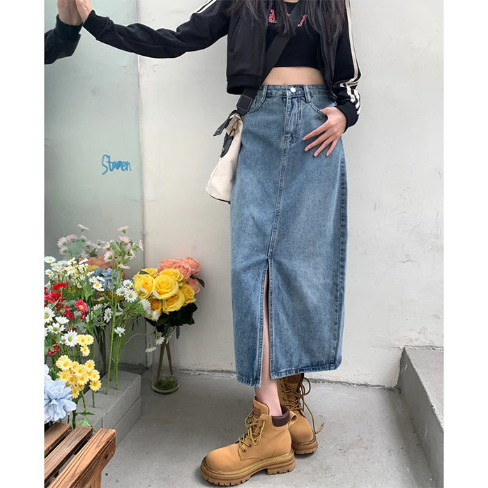 blue split denim skirt boogzel clothing