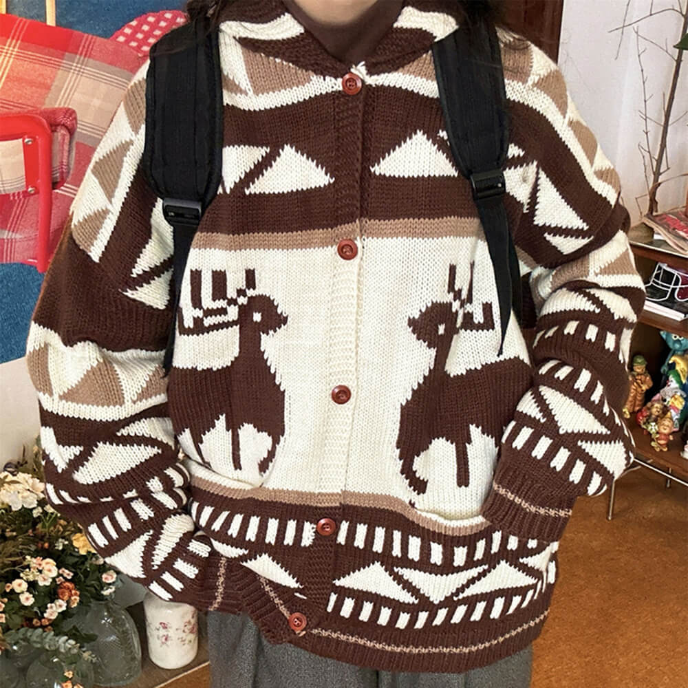 brown reindeer knit hooded cardigan boogzel clothing