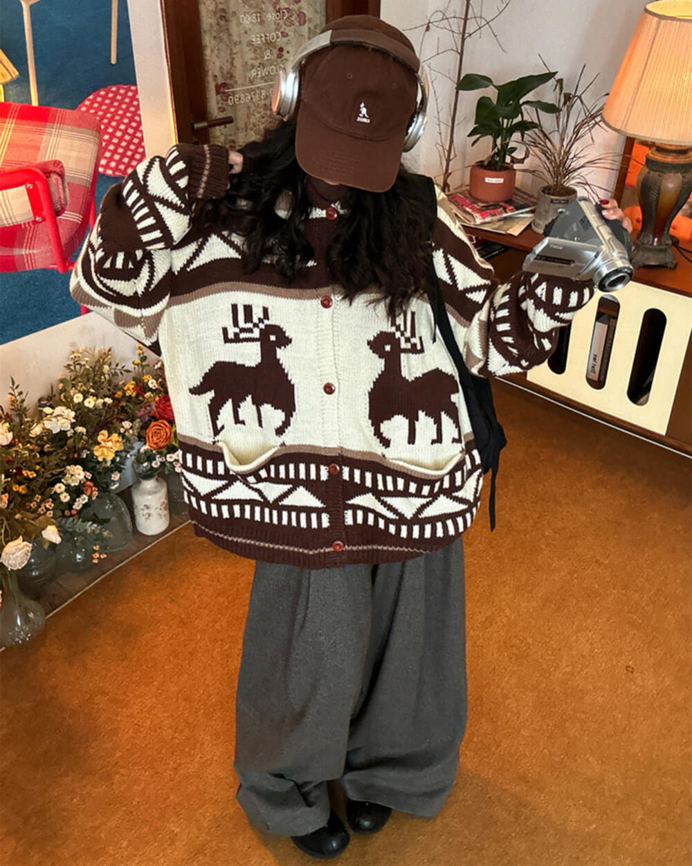 brown reindeer knit hooded cardigan boogzel clothing