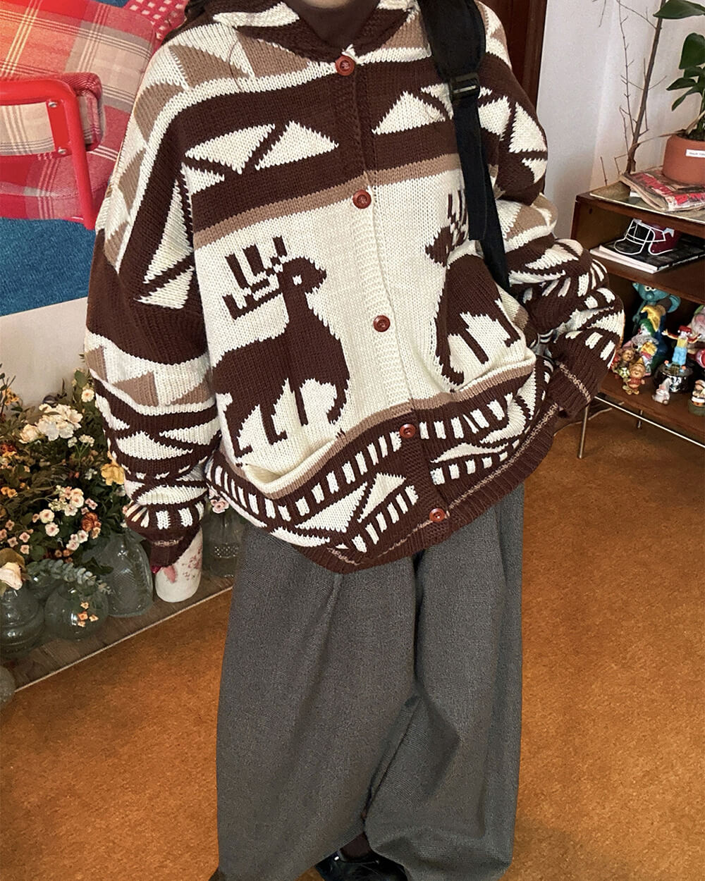 brown reindeer knit hooded cardigan boogzel clothing