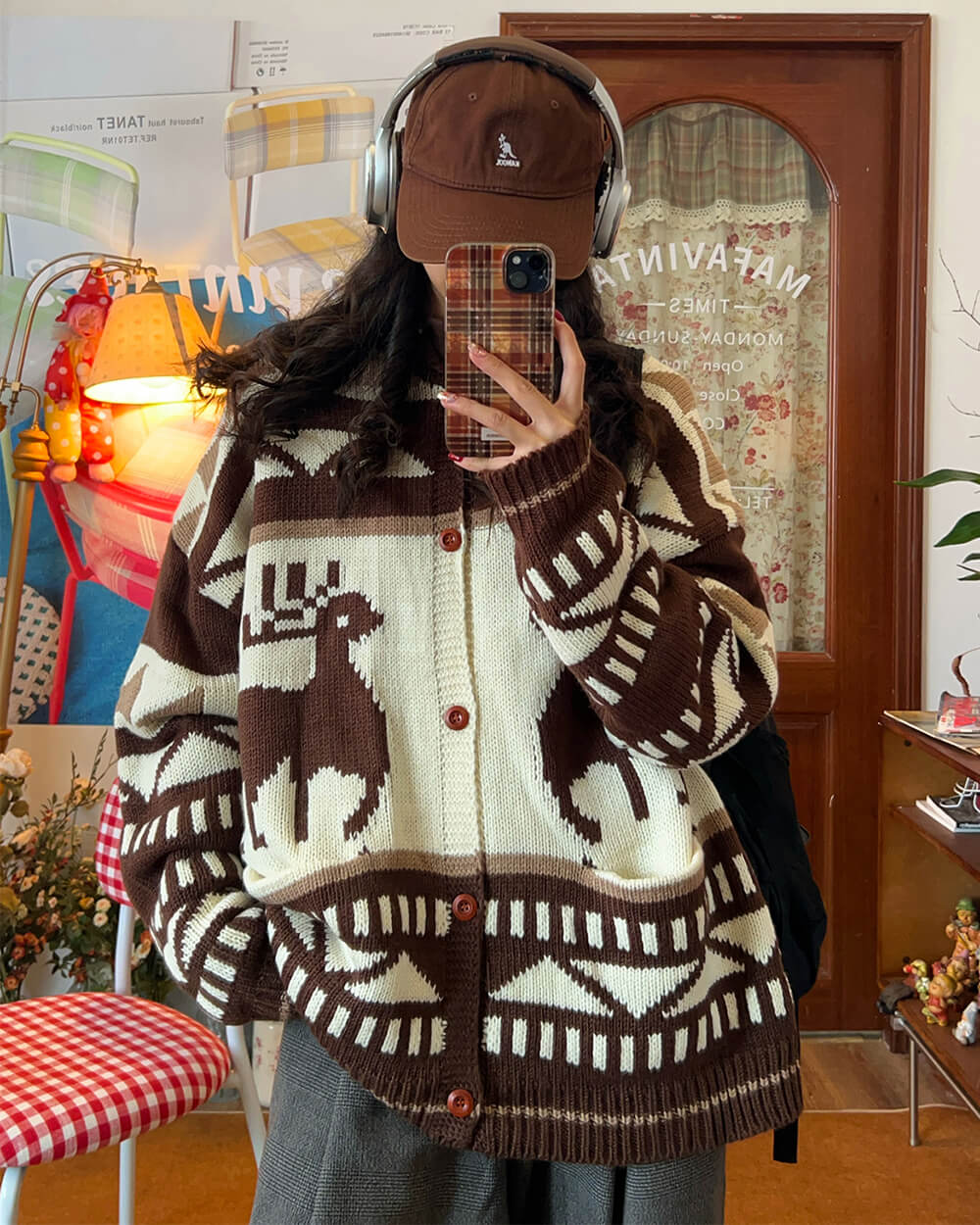 brown reindeer knit hooded cardigan boogzel clothing