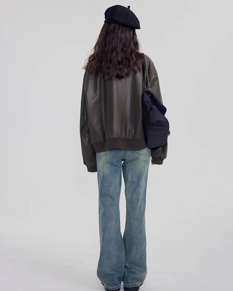 grunge aesthetic brown leather bomber jacket boogzel clothing