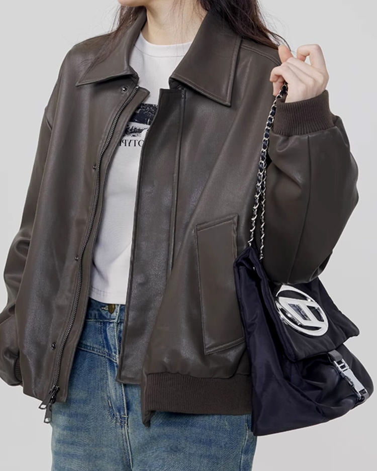grunge aesthetic brown leather bomber jacket boogzel clothing