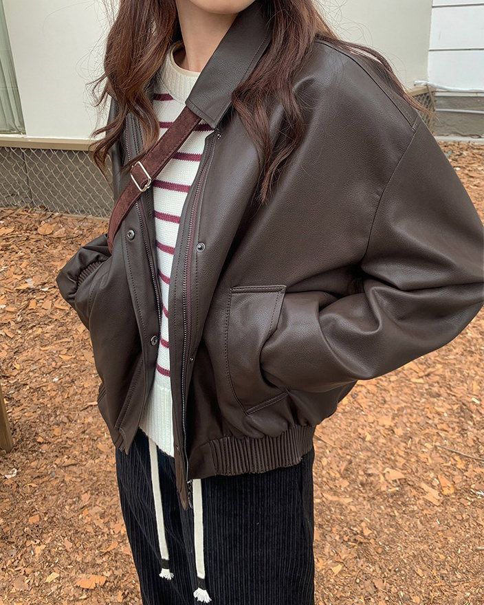 grunge aesthetic brown leather bomber jacket boogzel clothing