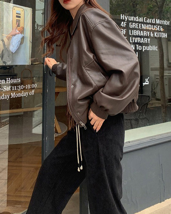 grunge aesthetic brown leather bomber jacket boogzel clothing