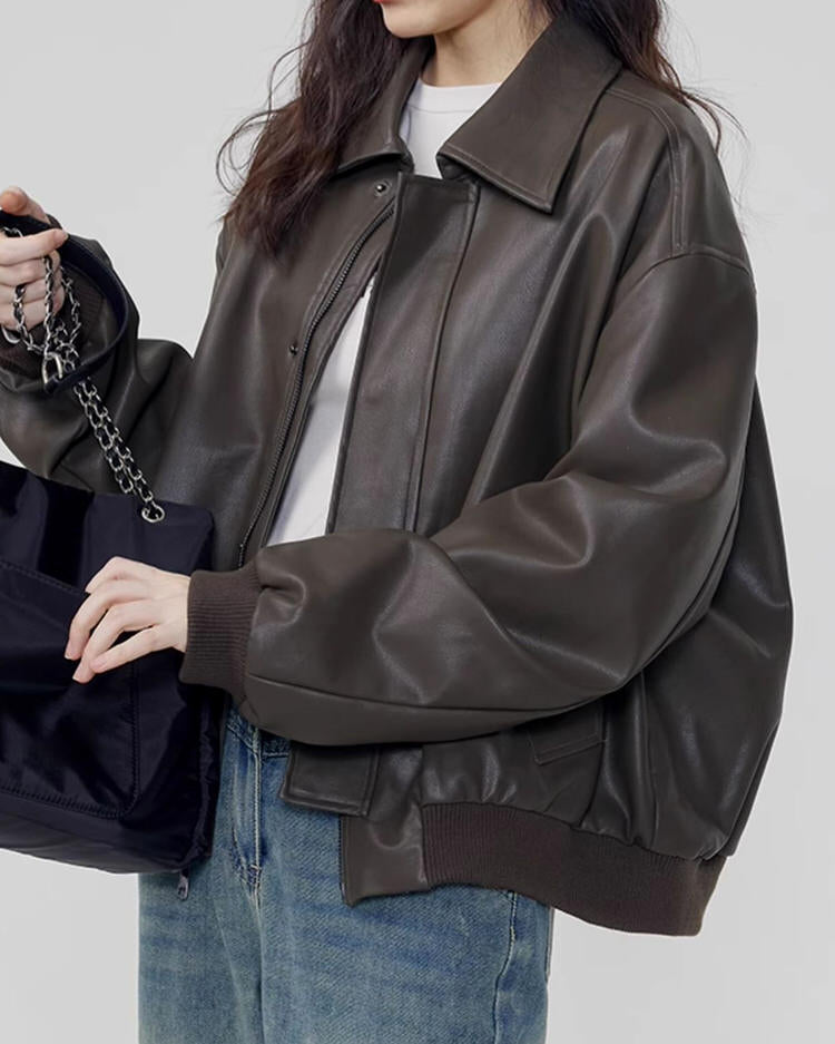 grunge aesthetic brown leather bomber jacket boogzel clothing