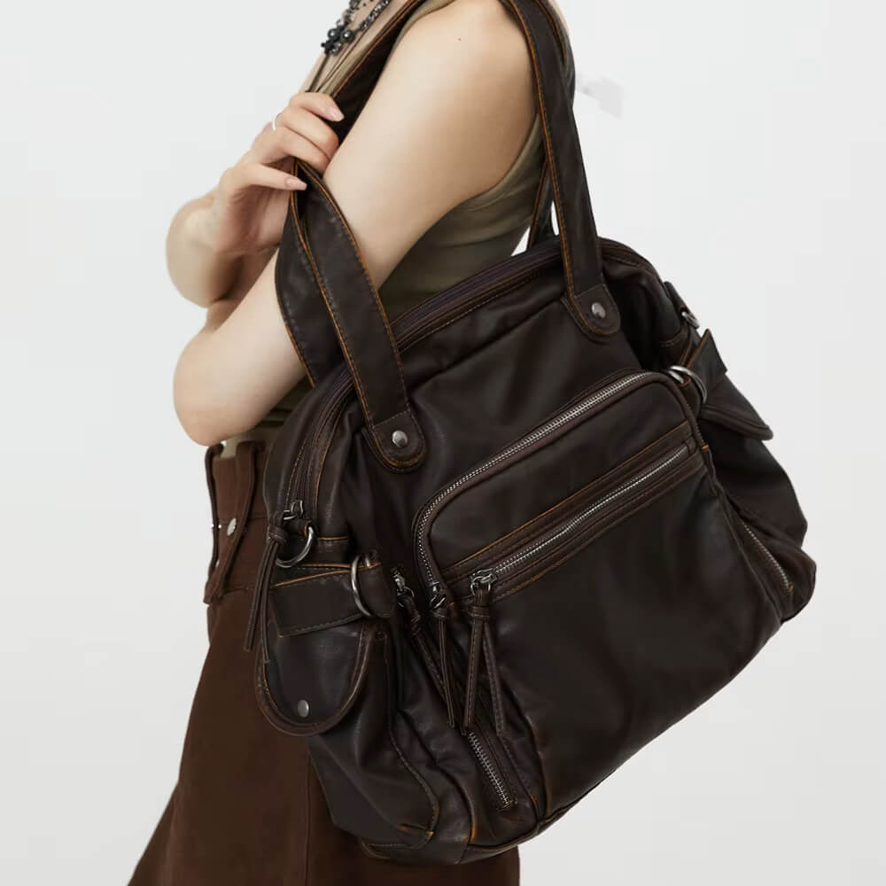 brown multi pocket shoulder bag boogzel clothing