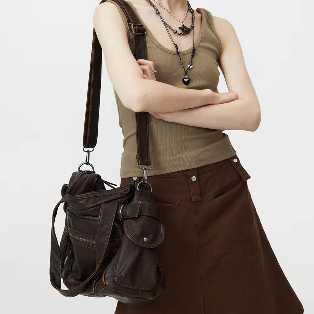 brown multi pocket shoulder bag boogzel clothing